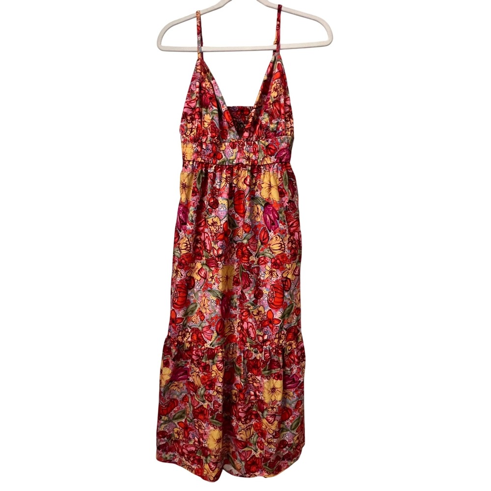 Dress Forum Red Floral Smocked Tiered Midi Dress Back CutoutWomens Large
